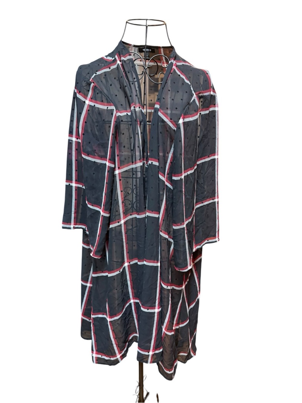 Torrid Sheer Lightweight Black & Red Grid Open-Front Cardi size 2